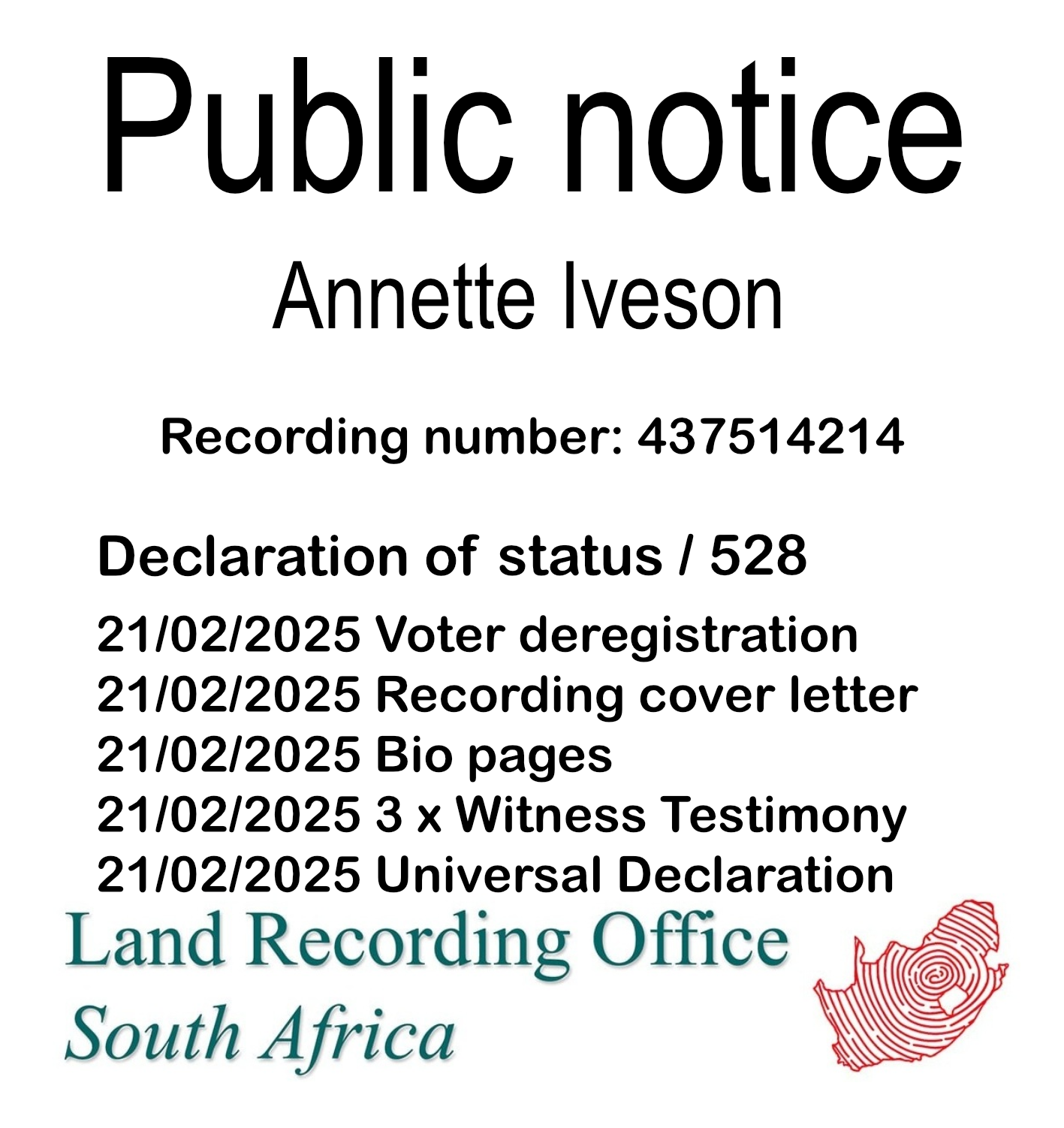 Public notice Annette Iveson Recording number 437514214